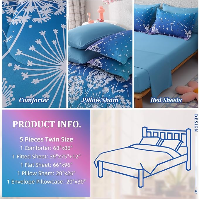 Menghomeus Girls Comforter Set Full Size 7 Pieces Bed in A Bag Ombre Pink Blue Rainbow Bedding Set Dandelion Butterfly Print Kids Bedding Collections