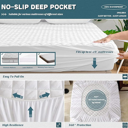 UNILIBRA RV Short Queen Waterproof Mattress Pad Protector, 6''-19'' Deep Pocket Fitted Quilted Mattress Cover, Breathable Hollow Cotton Filling Mattress Protector for RV Short Queen Size