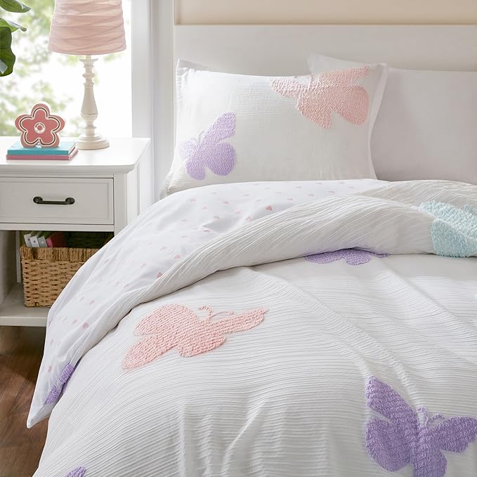 Intelligent Design Kids Rio Twin Duvet Set – Girls’ Reversible Tufted Chenille Bedding with Pastel Purple Butterflies and Pink Dot, 2pcs