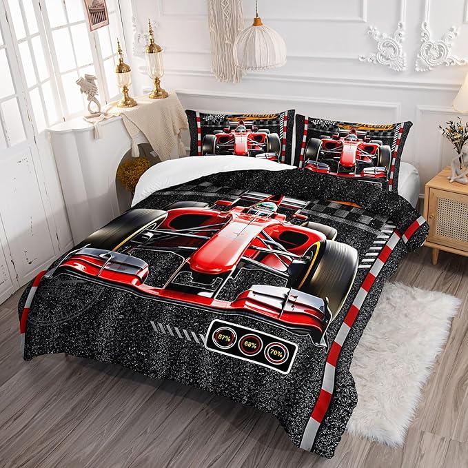 3D Racing Comforter Set Red Kart Printed Bedding Set with 1 Comforter and 2 Pillowcases for Boys and Girls Bedroom All Season(Kart Full)