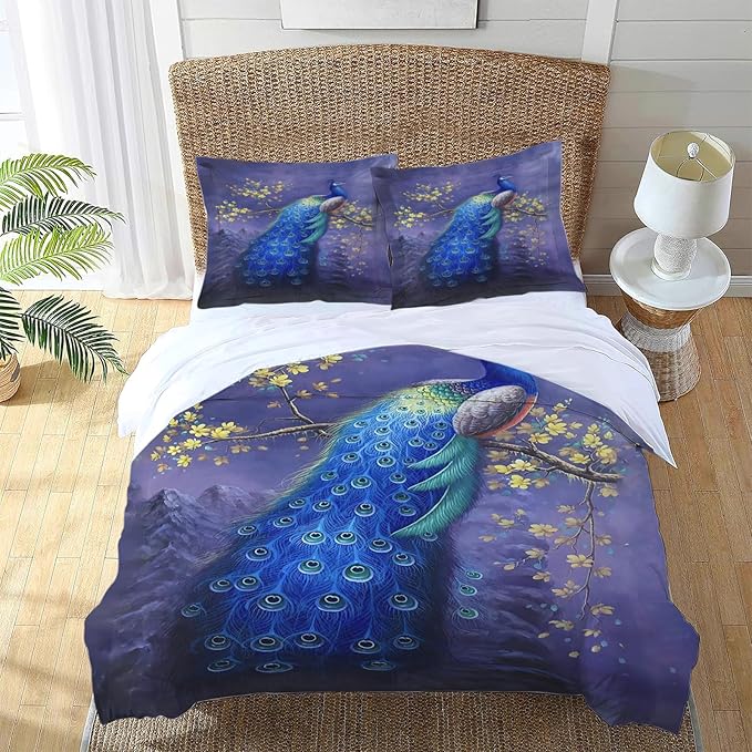Peacock Theme 3 Pieces Duvet Cover Comforter Set with 2 Pillowcase Full Size Purple Peacock Bed Sheet Quilt Bedroom Bedding for Lover Kids