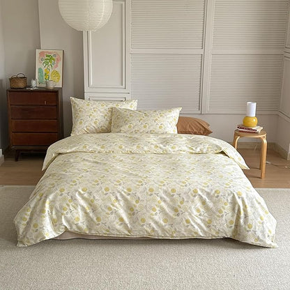 AOJIM Kids Adults Aesthetic Duvet Cover Set for Room Decor, Pure Cotton Comforter Cover Set 3pcs with Yellow Lemon Pattern, 1 Soft Quilt Cover Queen Size and 2 Matching Pillowcases, No Comforter
