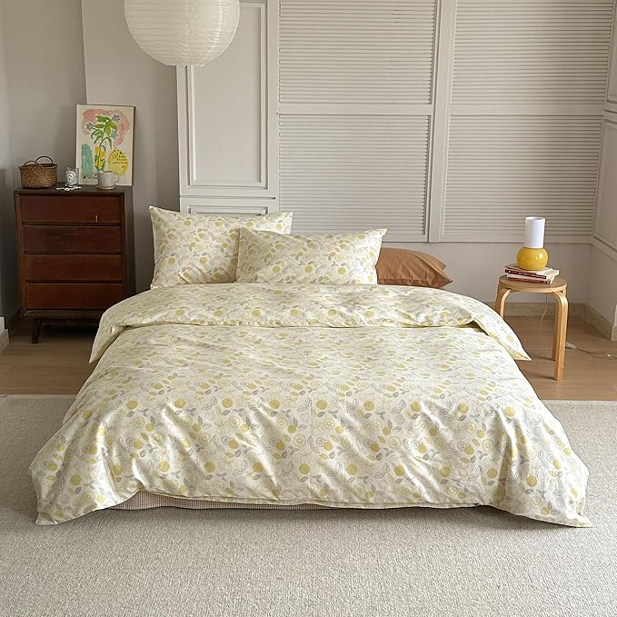 AOJIM Aesthetic Fruit Pattern Duvet Cover Set for Kids Adults, Super Soft 100% Cotton Comforter Cover Set 3pcs, 1 Yellow Lemon Quilt Cover King Size and 2 Matching Pillowcases for Room Decor, No Quilt