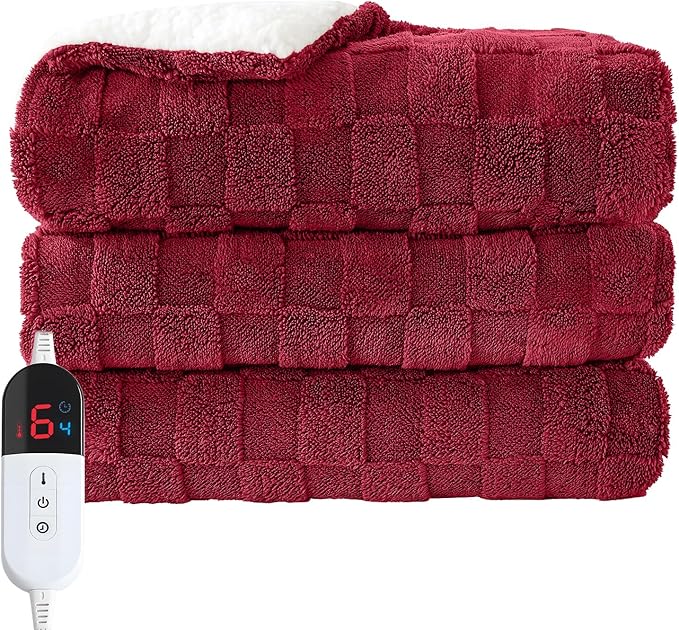 Electric Heated Throw Blanket - Jacquard Checkered Sherpa 50"x60" Fast Heating Bed Blankets with 6 Heating Levels & 4 Hours Auto Off, Over-Heat Protection ETL, Red