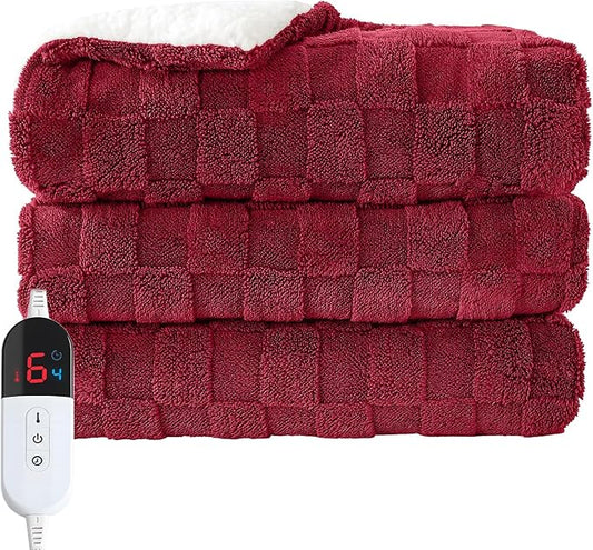 Electric Heated Throw Blanket - Jacquard Checkered Sherpa 50"x60" Fast Heating Bed Blankets with 6 Heating Levels & 4 Hours Auto Off, Over-Heat Protection ETL, Red