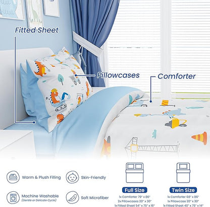 SANDJEST Dinosaur Comforter Set Twin Size 68x86in for Kids Boys, Microfiber 3 Pcs Bedding Set Includes 1 Comforter, 1 Pillowcase, 1 Fitted Sheet, Nursery Room Decor