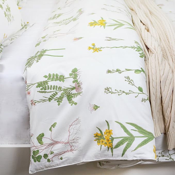 FADFAY Shabby Floral Duvet Cover Set White and Green Cotton Bedding Set with Hidden Zipper Closure 3 Pieces, 1duvet Cover & 2pillowcases (Twin Size, Simple Style)