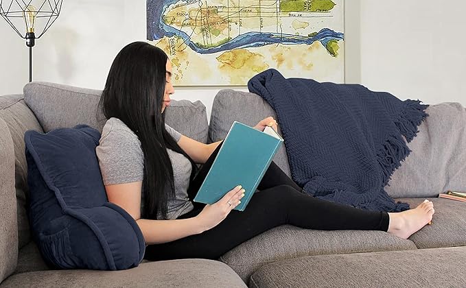 Super Soft Velvety Backrest Reading Bed Rest Pillow with Arms and Pockets 18" H for Sitting in Bed Couch Sofa, Back Support Wedge Cushion with Removable Cover, 20" x 18" x17", Navy