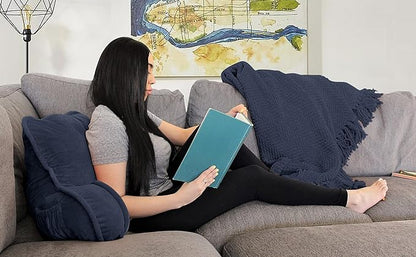 Super Soft Velvety Backrest Reading Bed Rest Pillow with Arms and Pockets 18" H for Sitting in Bed Couch Sofa, Back Support Wedge Cushion with Removable Cover, 20" x 18" x17", Navy