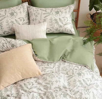 Floral Duvet Cover King Size Sage Green Flower Botanical Duvet Cover Set 3 Pcs for Kids Boys Girls Spring Garden Aesthetic Leaves Soft Breathable Bedding Set with 2 Pillowcases