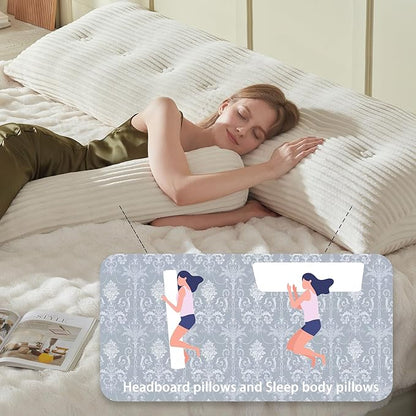Headboard Wedge Pillow + A Long Neck Roll Pillow Body Pillow，Large Headboard Pillow with Removable Cover (Beige, King：76x8x20 inches)
