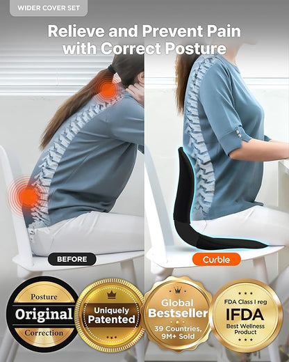 curble Wider(Standard Wide) Cover Set – Lower Back Support Chair with Detachable Cover, Lumbar Support Back Posture Corrector, Back Pain Relief (Set Black)