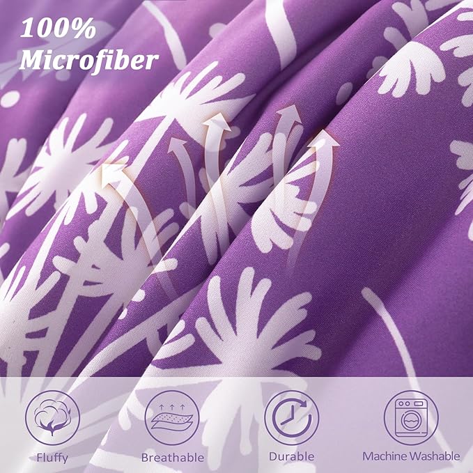Menghomeus Girls Comforter Set Queen Size 7 Pieces Bed in A Bag Ombre Purple Pink Bedding Set Dandelion Butterfly Print Kids Bedding Collections