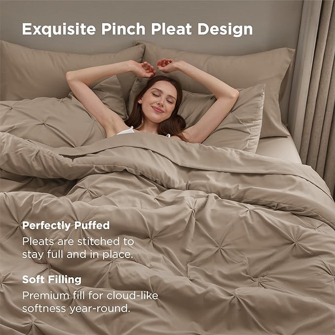 Bedsure Twin Comforter Set Khaki - Bed in a Bag Twin Size Bedding 5 Pieces, GentleSoft™ Pintuck Bed Set Gift for Family, Pinch Pleat Khaki Comforter with Sheets, Pillowcase & Sham