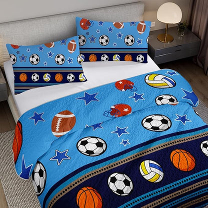 QOOMO Sports Quilt Set Full/Queen Size,Basketball Bedspread Coverlet Set,Baseball 3Pcs Bedding Set Printed Quilt with 2 Pillowcases,Soft and Lightweight,for All Seasons