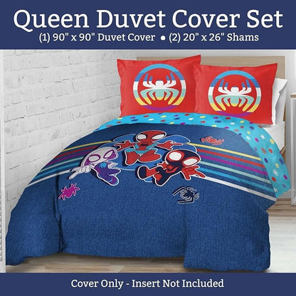 Jay Franco Kids Duvet Cover Set – 3 Piece Super Soft Bedding with Sham Pillowcase, Cover ONLY Comforter Not Included, Blue - Spidey & Friends, Queen