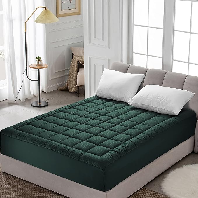 HYLEORY California King Mattress Pad Quilted Fitted Mattress Protector Cooling Pillow Top Mattress Cover Breathable Fluffy Soft Mattress Topper with 8-21" Deep Pocket, Green