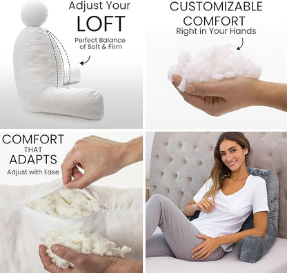 Husband Pillow Dark Grey, Standard+ Original Reading Pillow in Bed Rest Chair, Shredded Memory Foam Large Lounge Cushion Adult Backrest w/Arms, Comfy Back Support for Sit Sitting Up, Removable Cover