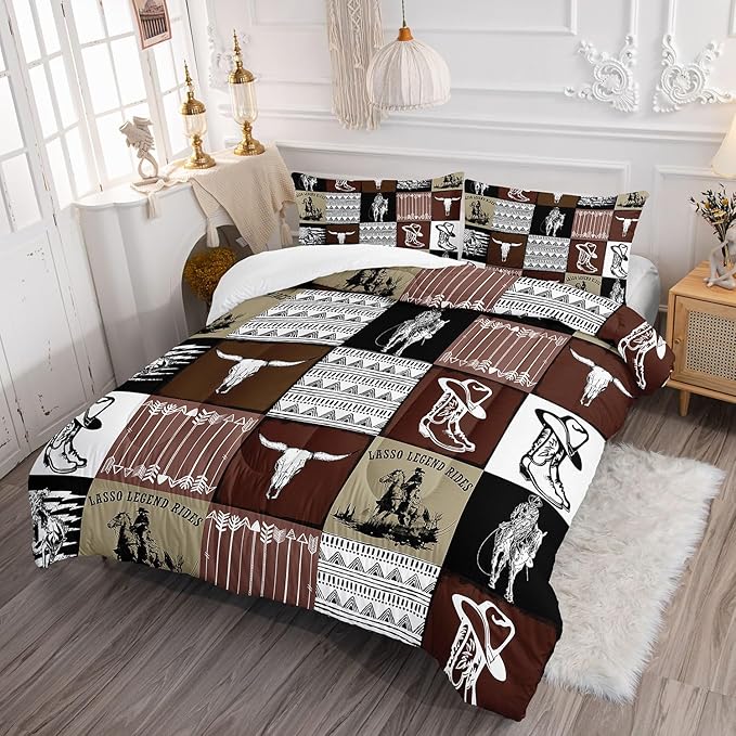 Western Cowboy Comforter Set Bull Skull Horse Printed Bedding Set with 1 Comforter and 2 Pillowcases for Boys and Girls Bedroom All Season(Cowboy-2 Queen)