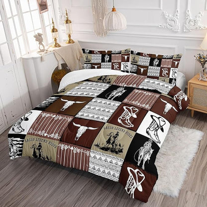Western Cowboy Comforter Set Bull Skull Horse Printed Bedding Set with 1 Comforter and 2 Pillowcases for Boys and Girls Bedroom All Season(Cowboy-2 Queen)