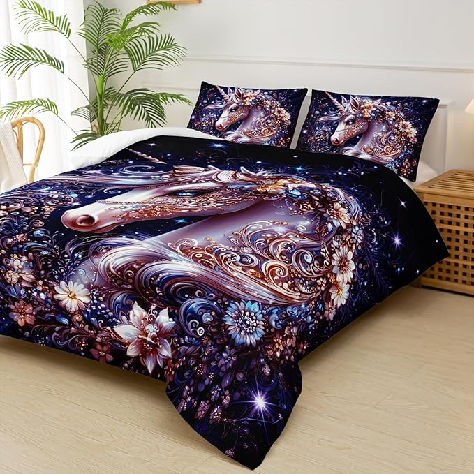 Black Unicorn Comforter Set Full Size，Unicorn Floral Full Bedding Set for Girls，with 1 Comforter with 2 Pillow Case
