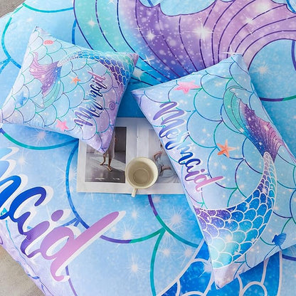 RYNGHIPY 6Pcs Mermaid Tail Comforter Set for Kids Girls, Mermaid Fish Scale Bed in a Bag Queen Size, Sparkle Teal Purple Rainbow Bedroom Decor Bedding Set