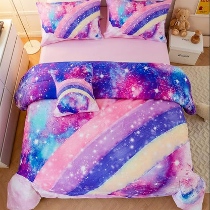ANGIYUIN 6Pcs Pink Full Size Bed in A Bag for Girls 3D Tie Dye Comforter Sets Colorful Rainbow Kids Bedding Sets Ultra Soft Pastle Nebula Printed Bed in A Bag with Sheets