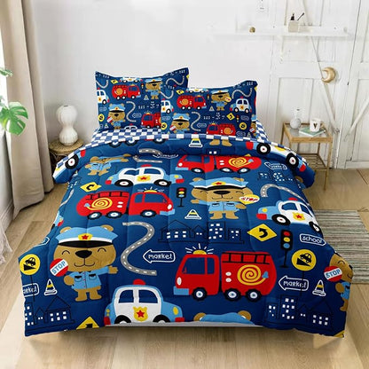 Kids Cop Car Comforter Set for Little Boys, Fire Truck Police Car Bedding Set, City Traffic Bedding Collection Include (1 Comforter, 2 Pillowcases, 1 Fitted Sheet, 1 Flat Sheet), Blue