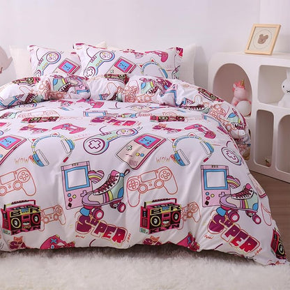 JSD Pink Gamer Kids Duvet Cover Set Twin Size, 2 Piece Soft Printed Microfiber Comforter Cover with Pillow Sham Zipper Closure, Comforter Not Included