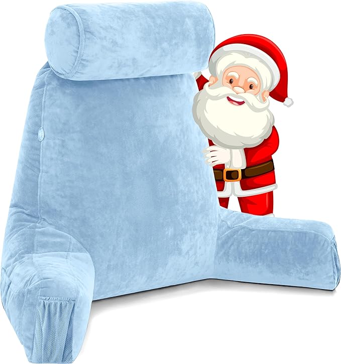 Husband Pillow Medium Carolina Blue, Backrest for Kids, Teens, Petite Adults - Reading Pillows with Arms, Adjustable Plush Memory Foam, Bed Rest Chair Sitting Up, Detach Neck Roll, Removable Cover