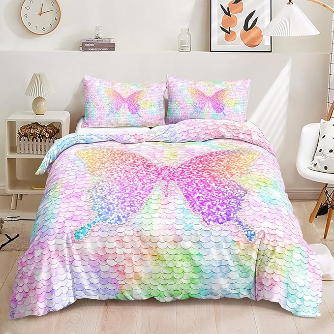 CVHOUSE Rainbow Butterfly Duvet Cover Set, Full Size, 1 Duvet 2 Pillowcases