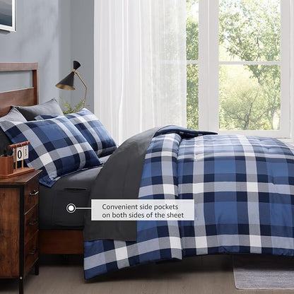 MaiRêve Queen Size Plaid Comforter Set Indigo Blue, Classic Checkered 7 Pieces Farmhouse Bedding Set, All Season Lightweight Bed in A Bag with Sheets, Pillowcases & Shams