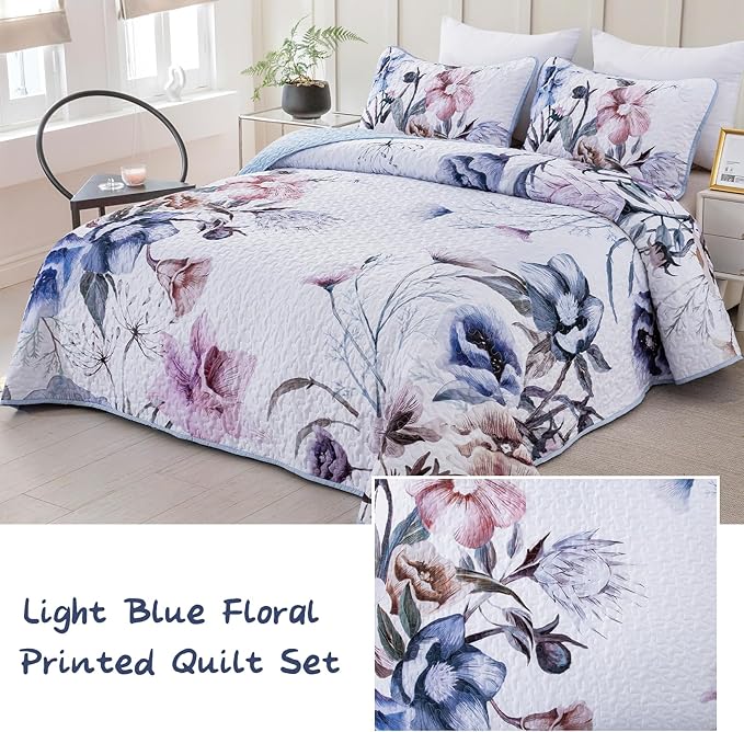 Floral Quilt Set Queen 3 Pieces Light Blue Floral Quilt Coverlet Set Soft Microfiber Lightweight Light Blue Quilted Bedspread for All Season 90"x96"