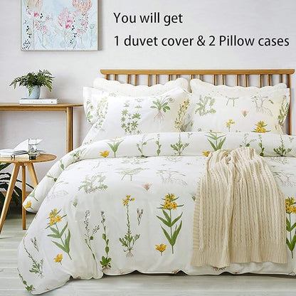 FADFAY Shabby Floral Duvet Cover Set White and Green Cotton Bedding Set with Hidden Zipper Closure 3 Pieces, 1duvet Cover & 2pillowcases (Twin Size, Simple Style)