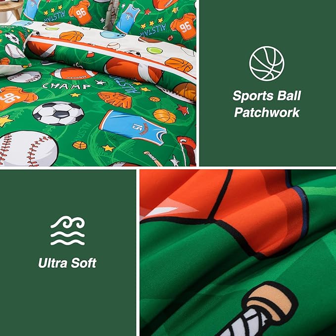 A Nice Night 6Pcs Bed in A Bag Twin Sports Comforter Set, Rugby Ball Jersey Patchwork Printed Bedding Collections,for Boys Kids Teen,Green