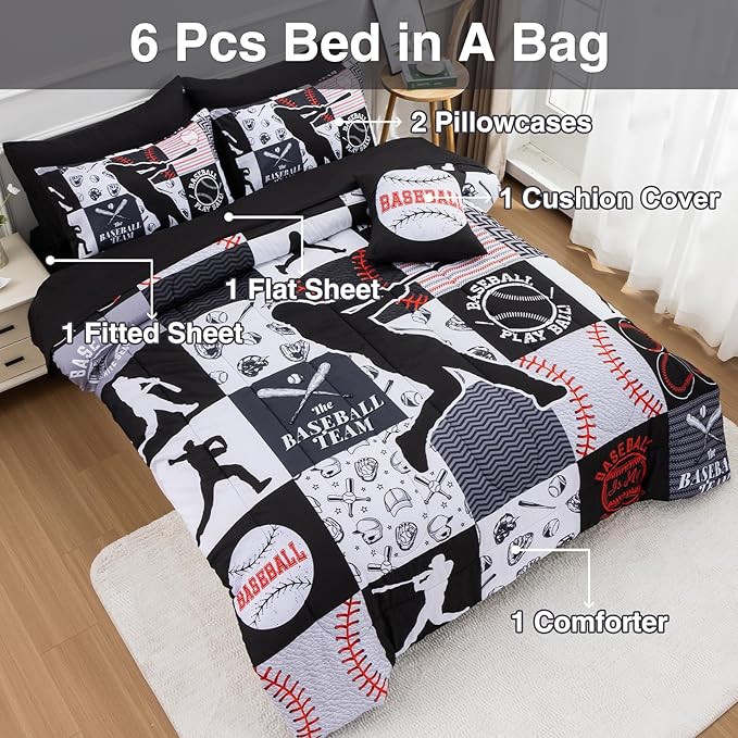 A Nice Night Sports Geometric Grid Black Patchwork Baseball Printed for Boys Full 6Pcs Bed in A Bag Comforter Bedding Set,Black