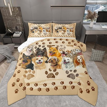 Castle Fairy Puppy Dogs Comforter Set Twin Size,Funny Cute Pet Dog Paw Print Bedding Set for Kids Boys Men,Vintage Watercolor Dogs Animal Quilted Duvet Set with 1 Pillowcase