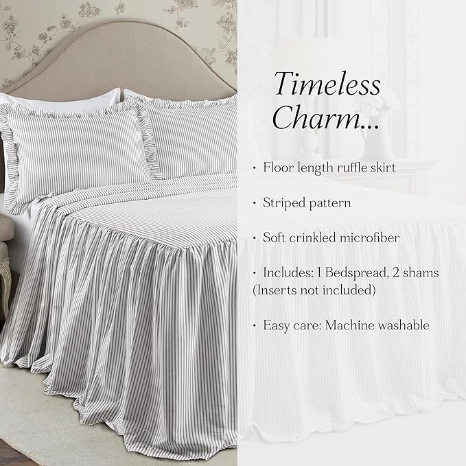 Lush Decor Ticking Stripe Bedspread Gray Vintage Chic Farmhouse Style Lightweight 3 Piece Set, Full