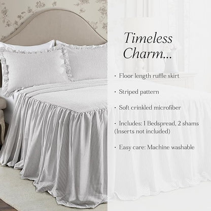 Lush Decor Ticking Stripe Bedspread Gray Vintage Chic Farmhouse Style Lightweight 3 Piece Set, Full