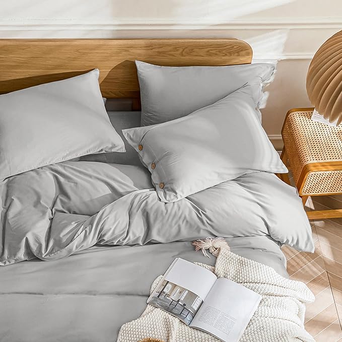 JELLYMONI Cotton Duvet Cover Queen Size - Light Gray Comforter Cover with Button 100% Washed Cotton 3PCS Breathable Soft Solid Bedding Set Duvet Cover 90×90in & 2 Pillowcases (NO Comforter)