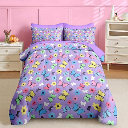 Nesker 7 Pcs Comforter Set Full Size, Colorful Butterfly Bedding for Kids Teen, Cute Cartoon Flowers with Fitted Sheet 2 Pillowcases & 2 Shams for Bedroom Bed Decor