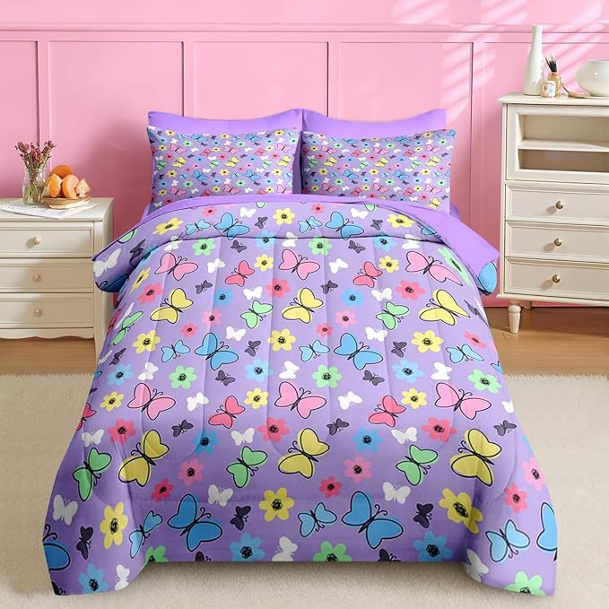Nesker 7 Pcs Comforter Set Queen Size, Colorful Butterfly Bedding for Kids Teen, Cute Cartoon Flowers with Fitted Sheet 2 Pillowcases & 2 Shams for Bedroom Bed Decor