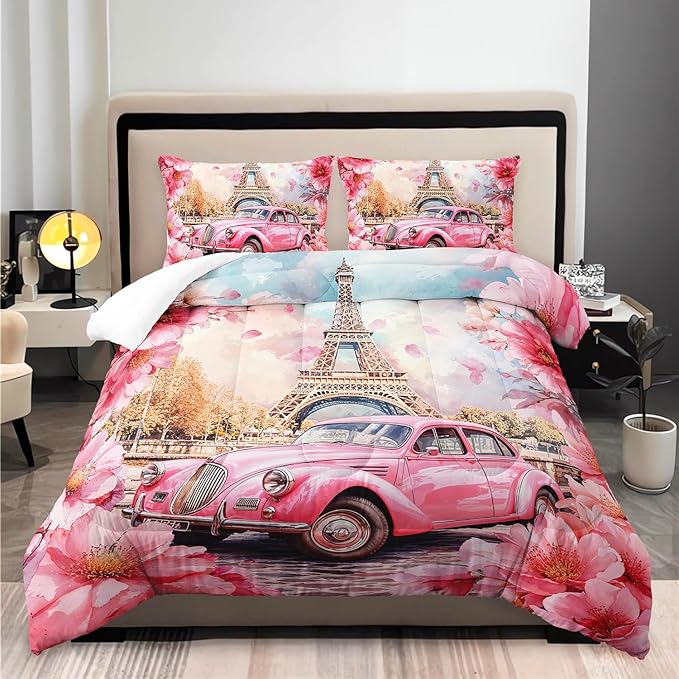 France Paris Eiffel Tower Comforter 3Pcs Twin Pink Car Peach Blossom Bedding Set for Kid Teen Girl Boy Adult Aesthetic Cherry Flowers Floral Quilt Bed Decor with 1 Comforter and 2 Pillowcases