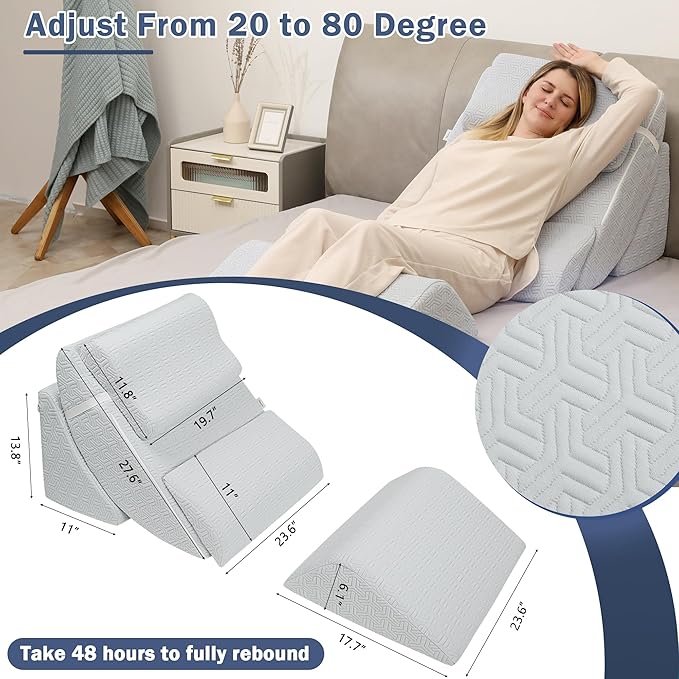 Betterhood 5pcs Orthopedic Bed Wedge Pillow Set, Adjustable Memory Foam, Post Surgery Foam for Back Neck & Leg Pain Relief Support, Acid Reflux, Snoring Reading, Sleeping, Sitting up, Blue