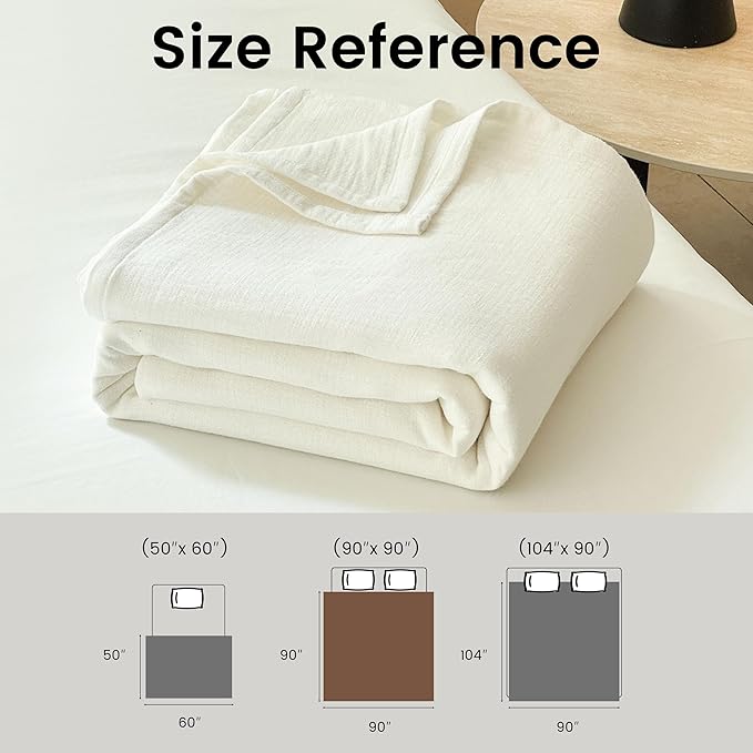 Simple&Opulence Linen Cotton Blanket with Double Layered Folded Edge for Couch/Bed/Sofa/Gift, Natural Flax Solid Color Soft Breathable Cozy Farmhouse Home Décor - White, 90"x90"