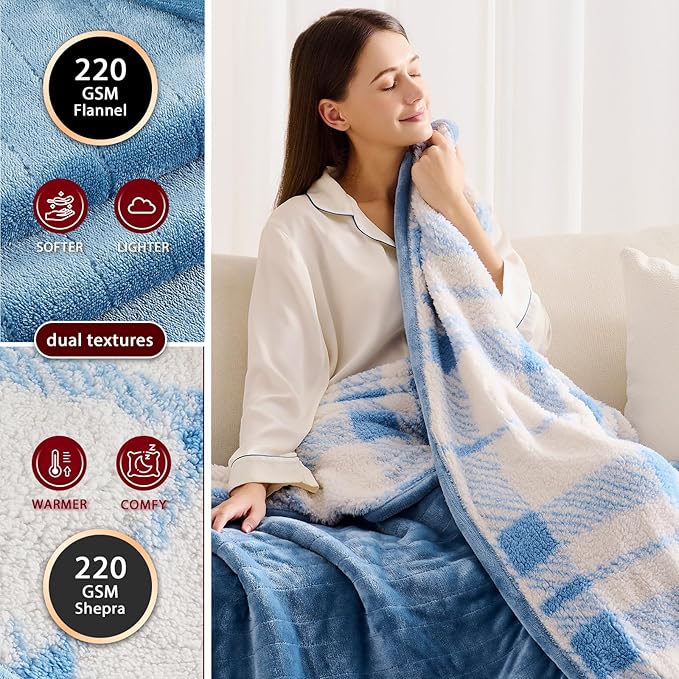 Heated Electric Blanket Throw Size - 50"x60" Flannel Heating Blanket with 10 Heating Levels & 5 Time Settings Over-Heat Protection, Winter Warmer for Adults with ETL Certification（Light Blue）