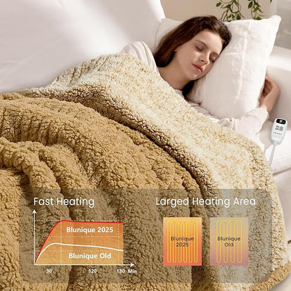 Heated Blanket Electric Blanket Queen - Fast Heating Blanket Throw Dual Controllers Double Sided Sherpa with 10 Heating Levels & 2-10 Hours Auto Off, Mashine Washable, 84 x 90 Inches, Camel