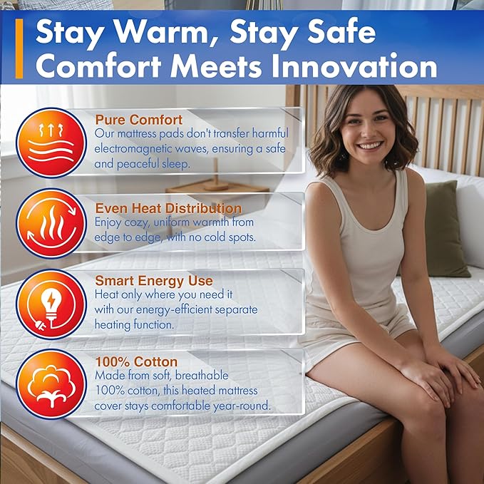 Heated Mattress Pad – Bed Warmer with 5 Heat Settings, 15-Hour Auto Shut-Off,Tencel & Microfiber, Anti-Radiation, Waterproof, Machine Washable, Single Controller, UL Listed, Twin, Single