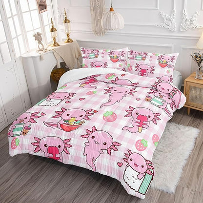 HOSIMA Axolotl Comforter Set Full Size for Kids Girls,Pink Cartoon Axolotl Eat Dessert Printing Bedding Set Full Size for Princess Bedroom Decor with Two Pillowcases.