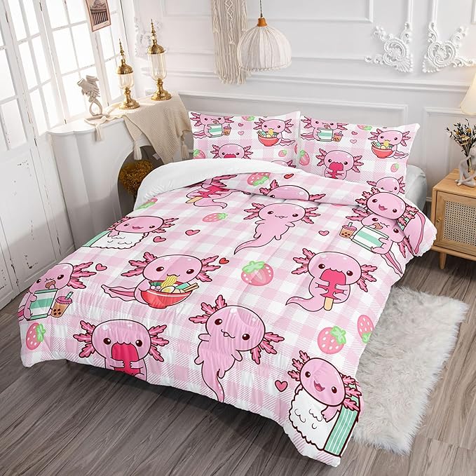 HOSIMA Axolotl Comforter Set King Size for Kids Girls,Pink Cartoon Axolotl Eat Dessert Printing Bedding Set King Size for Princess Bedroom Decor with Two Pillowcases.